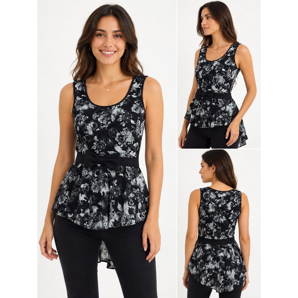 Suzy Shier Womens Black Floral Lace Peplum High Low Bow Sleeveless Top XS l